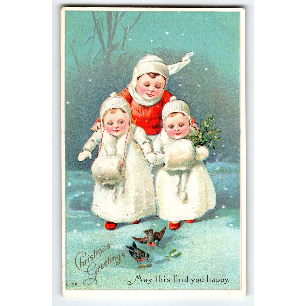 Vintage Christmas Postcard Children Feeding Birds Winter Scene Muffs Henderson